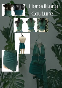 a mannequin with a green dress and green leaves