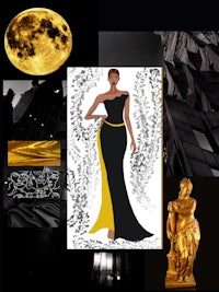 a collage with a woman in a black dress and gold statues